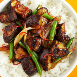 Hot and sour aubergine with sticky rice