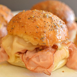 Hot Ham and Cheese Sliders (with butter, mustard and poppy seed glaze)