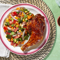 Hot Honey Barbecue Chicken Legs with a Charred Poblano, Corn, and Sweet Pot