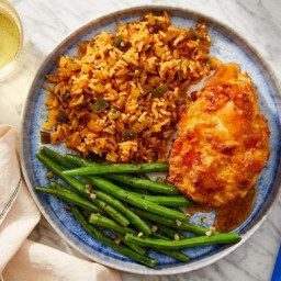 Hot Honey Crispy Chicken with Dirty Rice & Garlicky Green Beans