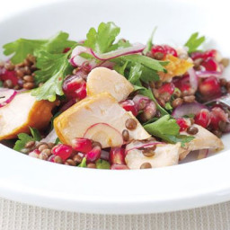 Hot-smoked salmon, lentil and pomegranate salad
