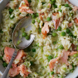 Hot-smoked trout, pea and lemon risotto