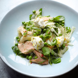 Hot smoked trout with fennel, peas and ricotta