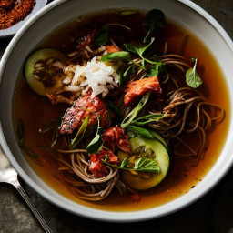 Hot Soba Noodle Soup with Salmon, Cucumber, and Togarashi