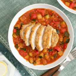 Hummus Baked Chicken with Zucchini, Onion, Pepper and Tomato Stew