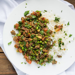 Indian-Inspired Beef Kheema with Peas and Basmati Rice