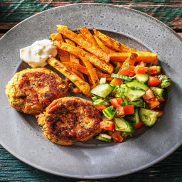 Indian Style Chickpea Koftas with Sweet Potato Fries, Zesty Mayo and Salad