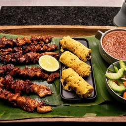 Indonesian Chicken Satay, Cucumber Pickle and Roti Jala