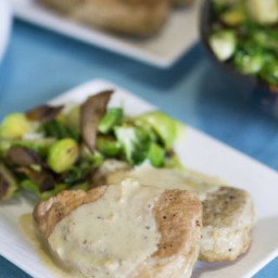 Instant Pot Pork Chops with Mustard Cream Sauce and Smoky Bacon Brussel Spr