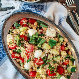 Israeli Couscous Recipe with Chopped Vegetables, Chickpeas, and Artichokes