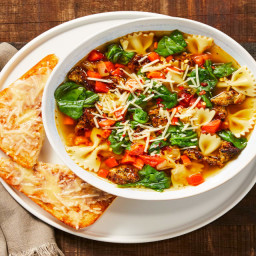 Italian Noodle Soup with Chicken Sausage, Farfalle Pasta & Parmesan Toasts