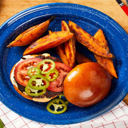 Jalapeño Popper Burgers with Sweet Potato Fries and Garlic Mayo