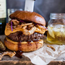 Jameson Whiskey Blue Cheese Burger with Guinness Cheese Sauce + Crispy Onio