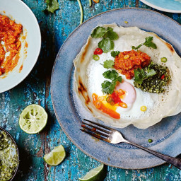 Jamie Oliver’s egg hoppers with green and red sambals