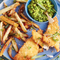 Jamie Oliver's fish and cheat's chips with tarragon mushy peas