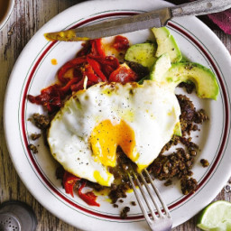 Jamie Oliver's refried lentils with capsicum salsa and fried eggs
