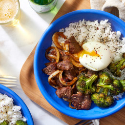 Japanese Beef & Rice Bowl with Soft-Boiled Eggs & Roasted Broccoli