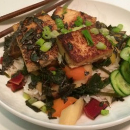 Japanese-Style Braised Tofu with Root Vegetables, Shiitakes, Red Chard, and