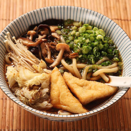 Japanese Udon With Mushroom-Soy Broth, Stir-Fried Mushrooms, and Cabbage (V