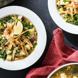 Japanese Yam and Kale Soup with Crispy Lime Tortillas