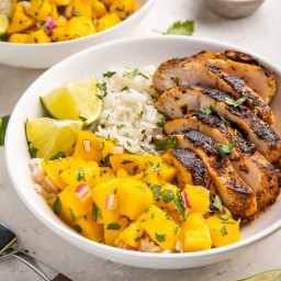 Jerk Chicken Bowls with Mango Salsa and Coconut Rice