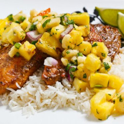Jerk Fish on Coconut Rice Topped with Banana and Pineapple Salsa