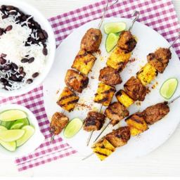 Jerk pork and pineapple skewers with black beans and rice