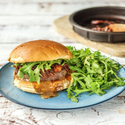 Juicy Lucy Burger with Tomato-Onion Jam and Arugula Salad
