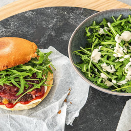 Juicy Lucy Burger with Tomato Onion Jam and Arugula Salad