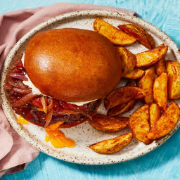 Juicy Lucy Burgers with Tomato Onion Jam & Potato Wedges