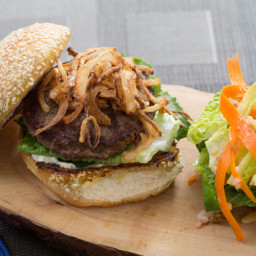 Juicy Lucy Burgerswith Frizzled Onion and Romaine-Walnut Salad