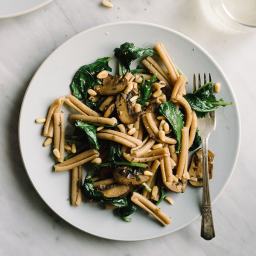 Kale Mushroom Pasta with Toasted Pine Nuts