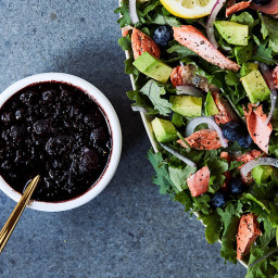 Kale Salad with Roasted Salmon and Warm Blueberry Balsamic Vinaigrette {pal