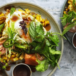 Karen Martini's crisp-fried egg, charred corn, smoked trout and herb salad