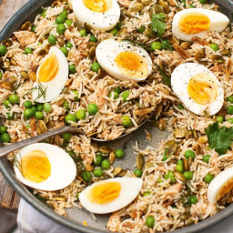 Kedgeree-style poached salmon salad with peas and toasted pepitas