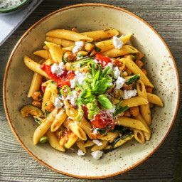 Kickin' Goat Cheese Penne with Roasted Zucchini, Tomatoes, and Chickpeas