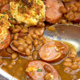 Kielbasa and Beans with Cheddar Biscuits