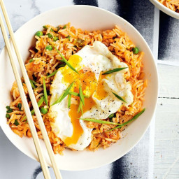 Kimchi fried rice with bacon and eggs