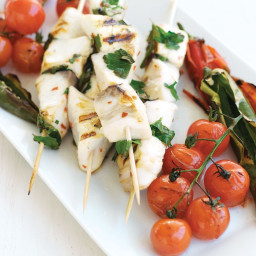 Kingfish skewers with chargrilled tomatoes and chillies
