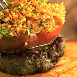 Knife-and-Fork Open-Faced Burgers Topped with Stuffed Thick-Cut Sliced Toma