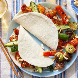 Korean Chicken Tacos with Marinated Cucumbers & Roasted Vegetables