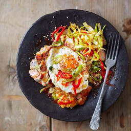 Korean fishcakes with fried eggs and spicy salsa