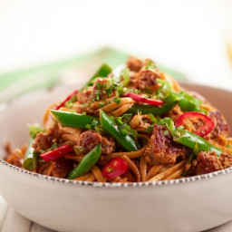 Korean Pork Noodle Bowland green beans, green onions, and Fresno chile