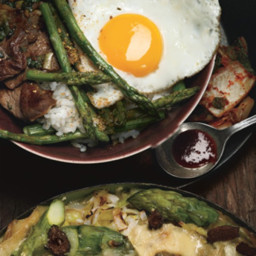 Korean Rice Bowl with Steak, Asparagus, and Fried Egg