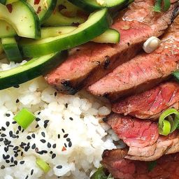 Korean-Style Grilled Flank Steak with Sticky Rice and Spicy Cucumber Salad