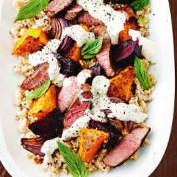 Lamb and roasted vegetable salad with tahini dressing