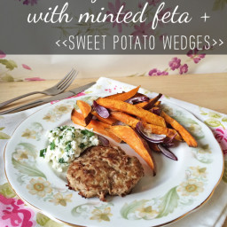 Lamb burgers with minted feta and sweet potato wedges