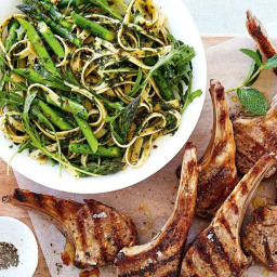 Lamb chops with fettuccine and spring pesto