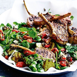 Lamb cutlets with lentil salad and mint and watercress pesto