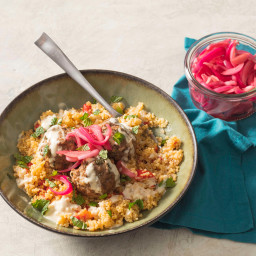 Lamb Meatballs with Couscous, Pickled Onions, and Tahini